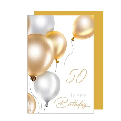 Imagen de Edition Seidel Tarjeta de felicitación 50 cumpleaños premium con sobre. Billet Happy Birthday para mujer hombre adolescentes oro globos (GZ349 SW023)