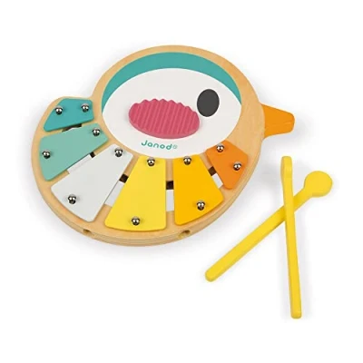 Imagen de Janod xilófono infantil con forma de pájaro Hecho madera Juguete musical para el aprendizaje Él cuenta 6 tonos Pintura al agua A partir 1 año J05163
