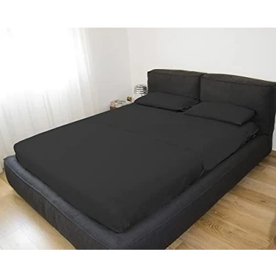 Imagen de Juego de Funda edredón para Cama Doble, Color Negro, Efecto satén, 100% poliéster, Incluye 2 sábanas Planas y Fundas Almohada, Fabricado en Italia