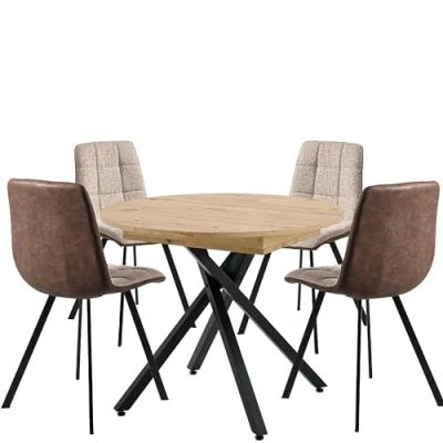 Imagen de MOMMA HOME Pack Mesa de Comedor Redonda Extensible MDF Roble con Patas metálicas + 4 sillas tapizadas en Ecopiel/Tela, combinación, Madera y Metal, marrón