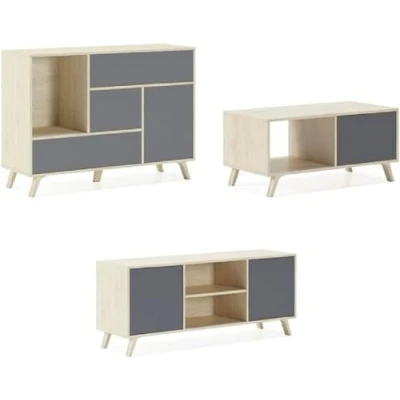 Imagen de Skraut Home Set Aparador+Mueble de TV+Mesa Centro Salón Modelo Wind Conjunto para Comedor Estructura Resistente Fácil Montaje Acabado Puccini/Gris