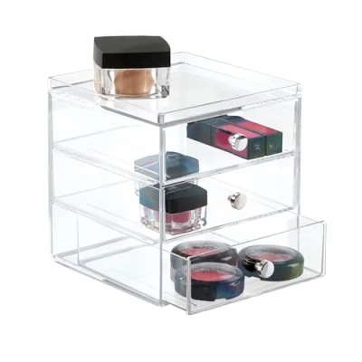 Imagen de iDesign Organizador de maquillaje con 3 cajones, compacta minicómoda apilable plástico, mini cajonera para productos belleza y cosméticos, transparente, 1 x Mirror