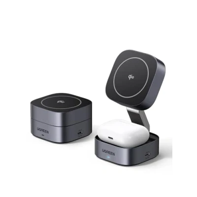 Imagen de UGREEN MagFlow Cargador Inalámbrico Qi2 15W, Estación de Carga Auriculares 2 en 1, Compatible con iPhone 16/15/14/13/12 Series, AirPods Pro 2/3, Gris