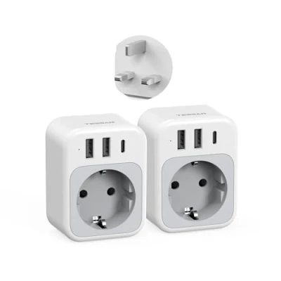 Imagen de TESSAN Paquete de 2 Adaptador Enchufe UK, 4 en 1 Tipo G con USB C y A, Ingles a Español 3250 W, Irlanda, EU to UK Plug Adapter para Irlanda Escocia