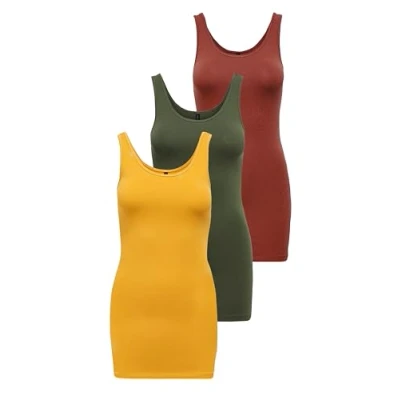 Imagen de ONLY Onllive Love Long Tank Noos Top, Amarillo/Verde/Rojo (1 Amarillo Dorado, 1 Kalamata, Henna quemada), M (EU)