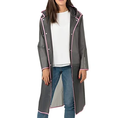 Imagen de PERLETTI Chubasquero Hombre Mujer Ligero y Reutilizable Impermeable Resistente al Agua Ropa de Detalles Reflectantes Capucha Botones (S, Gris con Borde Rosado)