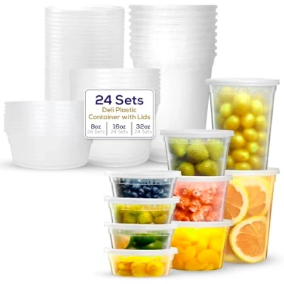 Imagen de Supreme Deli Contenedores de almacenamiento plástico con tapas 8 onzas, 16 32 onzas [8 juegos cada uno 24 paquetes combinados] Recipientes reutilizables para alimentos Apto