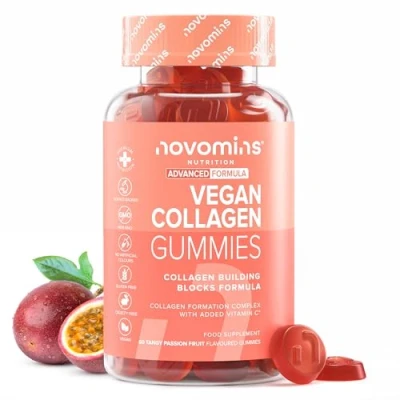 Imagen de Colágeno Vegano con Ácido Hialurónico, Vitamina C, D, Zinc, BCAA y Biotina Sin Gluten 60 Gominolas Para la Piel, Articulaciones, Cartílagos Cabello Novomins