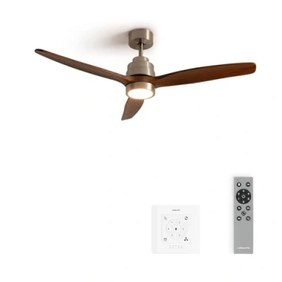 Imagen de CREATE / WINDSTYLANCE DC/Ventilador de techo con luz níquel aspas madera oscura controlador y mando 40W, Silencioso, Ø132 cm, 6 velocidades, temporizador, verano invierno, doble altura