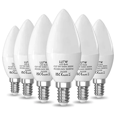 Imagen de LUTW bombilla LED E14 de color blanco cálido, equivalente a SES 40 W, 5 545 lm, 3000 K, ángulo haz 160, bombillas rosca C37, no regulables, paquete 6