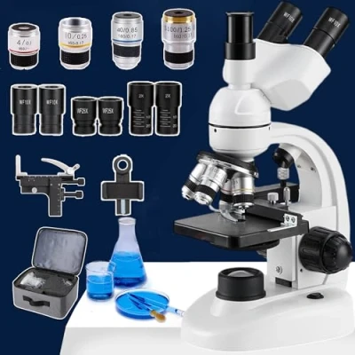 Imagen de Microscopio electrónico de Laboratorio Profesional HD 5000X con Objetivo 4X,10X,40X,100X/bolsa Almacenamiento/Soporte para teléfono móvil, Escolar, educación en el hogar