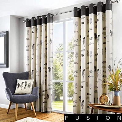 Imagen de Fusion Idaho Natural, 168 x 183 cm, 100% algodón, 2 Paneles, Ojales en Color Beige Crema, Dormitorio y Sala de Estar, Cortinas Plumas pájaro, Tejido, Plata, 168cm 183cm
