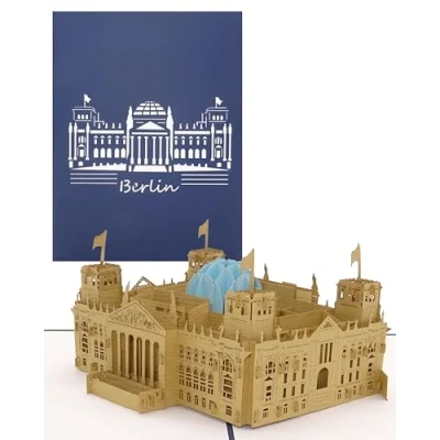 Imagen de tarjeta pop up de Berlín Reichstag plegable 3D con modelo como postal, recuerdo, cumpleaños, regalo, cupón viaje y decoración