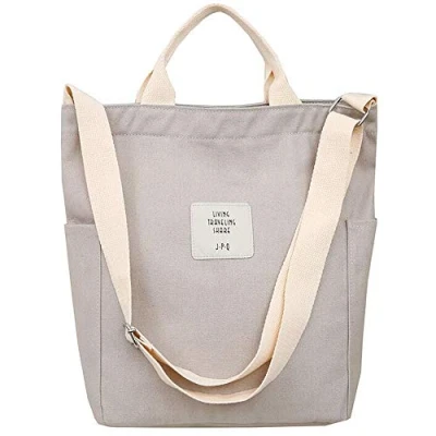 Imagen de WANYIG Bolsa de Playa Grande Tote Bag Mujer Estilo Coreano Bolso Mano con Cremallera Escuela Crossbody Lona Correa Ajustable (Gris)
