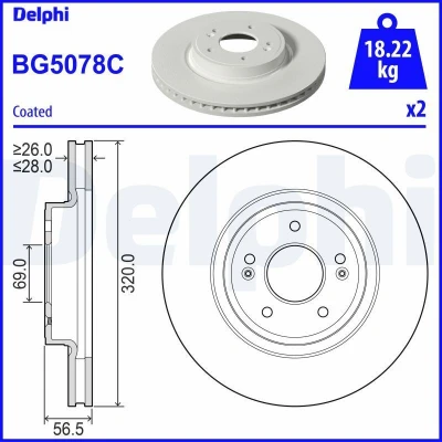Imagen de DELPHI BG5078C Disco de freno 320 28 5 ventilado revestido altamente carbonizado sin cojinete rueda, anillo sensor ABS KIA: Stinger Hatchback