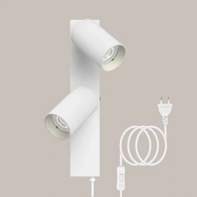 Imagen de TaFiCo Aplique Pared con Enchufe y Interruptor 2 Focos Blanco GU10 Lampara de Cable Moderno Giratorio 350 Apliques Dormitorio Salón Pasillo Sin Bombillas