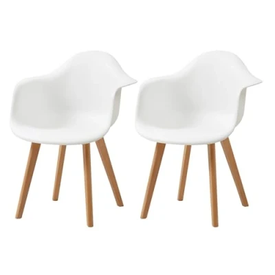 Imagen de HJhomeheart Juego de 2 Sillas Comedor con Patas Madera Haya Diseño Moderno Reposabrazos, Cocina Escandinavas (Blanco)