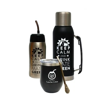 Imagen de Gaucho Cebar Yerba Juego de té mate y accesorios completos Termo 1 litro negro Yerbomos 680 ml, acero inoxidable taza termolid 350 ml pajita bombilla 19 cm