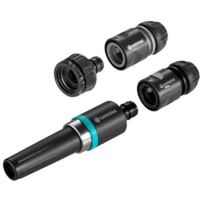 Imagen de Gardena equipamiento básico EcoLine: juego con rociador de limpieza, conector grifo, adaptador, manguera y tope agua, para regar limpiar, resistente a UV heladas (18900 20)