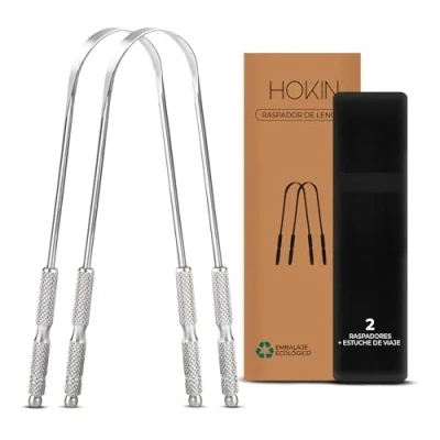 Imagen de limpiador de lengua HOKIN para adultos, Raspador acero sin manchas, Tratamiento mal aliento, Tongue Scraper Cleaner 100% metálico, Cepillador hombres y mujeres (2 piezas)