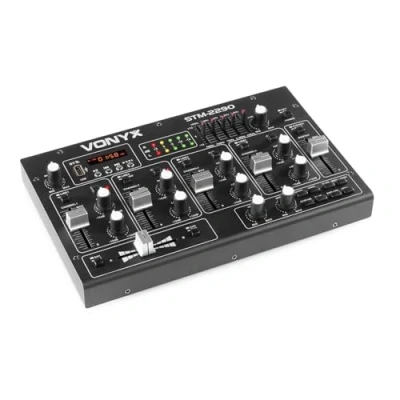Imagen de Vonyx STM2290 Mezclador de 6 Canales, reproductor MP3 USB y tarjeta SD, conexión inalámbrica Bluetooth, entrada micrófono, ecualizador general por canal, auriculares, incluye Efectos