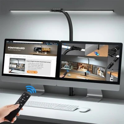 Imagen de FOMYHEARD Lampara Escritorio LED de Doble Cabeza, 24W 80CM Flexo Regulable con Clip,10 Temperaturas Color 10 Niveles Brillo,Protección Ocular Luz Monitor Oficina Control Remoto &amp; USB