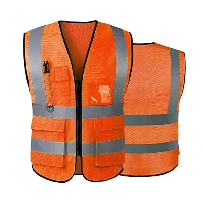 Imagen de Chalecos de alta visibilidad para mujeres y hombres, chaleco seguridad reflectante con bolsillos cremallera frontal cumple las normas ANSI/ISEA, Orange mesh, 6XL