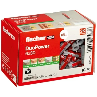 Imagen de fischer DUOPOWER 6 x 30, caja redonda con 100 tacos universales, de alto rendimiento 2 componentes, plástico para fijación en hormigón, ladrillo, piedra, cartón yeso y más