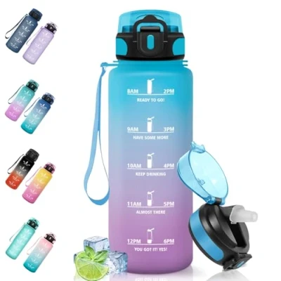 Imagen de Motswedi Botella Agua, 1.5L Sin BPA, Agua Gimnasio con Pajita, Reutilizable, de a Prueba Fugas, Cantimplora, para Gym, Escuela, Yoga, Camping, Azul Morado