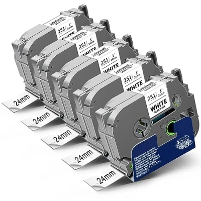 Imagen de 5x Labelwell 24mm x 8m Compatible Cinta Etiquetas para Brother TZe 251 TZe251 TZ251 TZ Negro sobre Blanco Ptouch PTP700 PT P710BT P750WVP D610BTVP E550WVP D600VP P900W