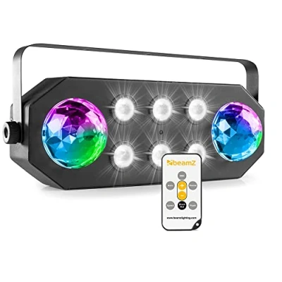 Imagen de BeamZ StrobeMoon Juego de luces 2 en 1, efectos coloridos y función estroboscópica, modo autónomo o detección sonido, shows preprogramados, mando a distancia, ideal para animar tus noches