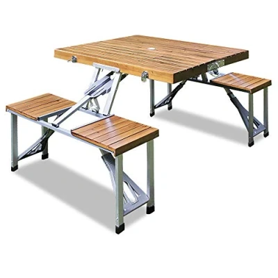 Imagen de Deuba Mesa Plegable de Camping 85x72cm 4 Taburetes Aluminio y Madera Picnic Mesita Jardín Función Maleta