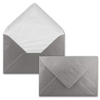 Imagen de 50x Sobres en color plata metálica brillante DIN C6 forrado con papel tisú blanco 90 g/m² 11,4 x 16,2 cm cola húmeda para tarjetas de felicitación e invitaciones NEUSER PAPIER