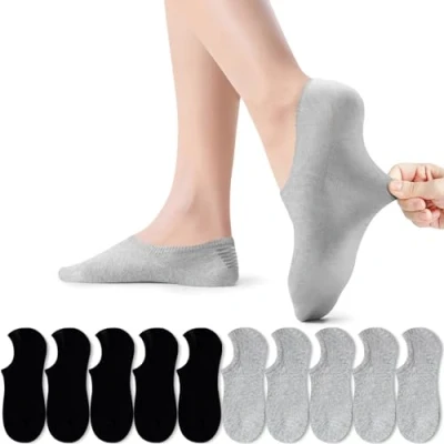 Imagen de PAUNEW Calcetines Cortos Mujer Tobilleros 39 42 Hombre Invisibles Algodon Silicona Antideslizante 10 Pares Negro und Gris