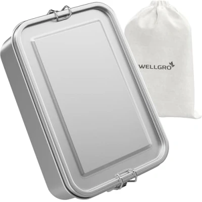 Imagen de WELLGRO Lata de acero inoxidable rectangular 550 ml, 850 1400 2400 a prueba fugas, metal, fiambrera, capacidad: ml