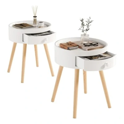 Imagen de WOLTU 2X Mesitas de Noche Mesa Centro con Cajón, Patas, para Cama Café Dormitorio Madera MDF Blanco 38x38x45,5 TS111ws 2