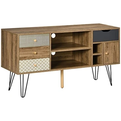 Imagen de HOMCOM Mueble de TV con Estantes Almacenamiento 4 Cajones y Patas Metal Mesa para Salón Televisores hasta 50 Pulgadas Dormitorio 120x39x64 cm Marrón