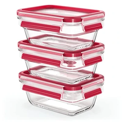 Imagen de Emsa Clip&amp;Close Set 3 Herméticos de Cristal rectangular polipropileno, higiénico, no retiene olores ni sabores 100% libre BPA, apto para congelador y microondas, lavavajillas