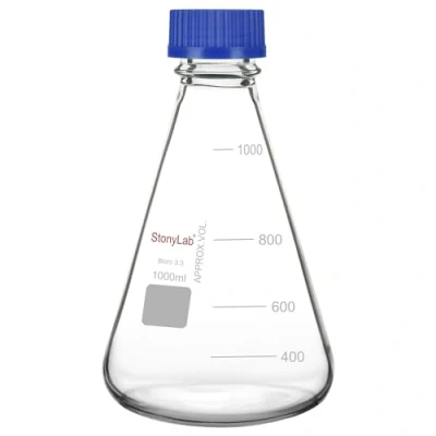 Imagen de stonylab Matraz Erlenmeyer con Tapa de Rosca Azul, Cónico Vidrio Borosilicato Graduado para Laboratorio, 1000 ml