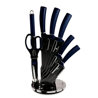 Imagen de Berlinger Haus Aquamarine Juego Cuchillos Cocina Profesional 8 piezas, Acero Inoxidable Recubrimiento Antiadherente, Soporte Acrílico, Cocinero, Cebollero, Santoku, Chaira, Tijeras Diseño Metallic