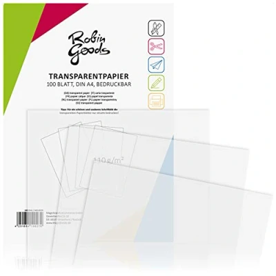 Imagen de Robin Goods® 100 Hojas de Papel Transparente Premium DIN A4, 110 g/m², Super Calidad, imprimible, Artesanal, calco, pergamino, Arquitecto (100 Transparente)