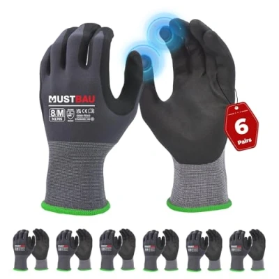 Imagen de Mustbau 6 Pares de Guantes Trabajo con Pantalla Táctil, Nitrilo Resistentes a la Abrasión, Excelente Agarre Adecuados para Jardinería, Mecánica, Construcción (Gris,M)
