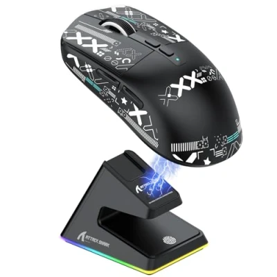 Imagen de ATTACK SHARK X6 ratón Superlight de 49 g con Base Carga magnética, Sensor Juegos PixArt PAW3395, para inalámbrico/con Cable BT/2.4G Cinta, 26000 dpi, Ratones (Negro)