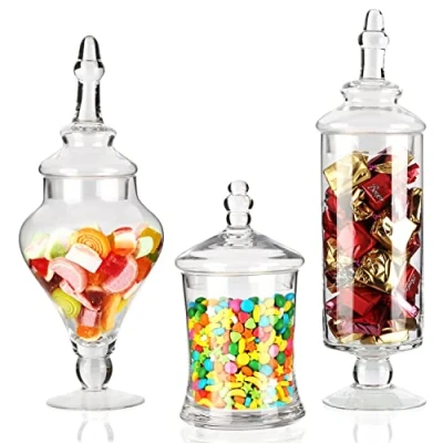 Imagen de BELLE VOUS Bomboneras de Cristal Transparente Apotecario Para Chuches (Pack 3) Botes con Tapa Decorativo Victoriano Alimentos, Buffets Dulces en Fiestas, Bodas, Galletas