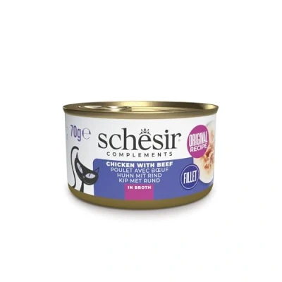 Imagen de Schesir Filetes de Pollo con Ternera en Caldo Cocción, Comida Húmeda Complementaria para Gatos, Latas, Receta Original, 100% Natural, 12 x 70g