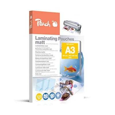 Imagen de Peach S PP525 15 Láminas para plastificar (A3, 125 micras, 100 bolsas, mate, se puede escribir, calidad premium mejores resultados de laminación, compatible con dispositivos todas las marcas