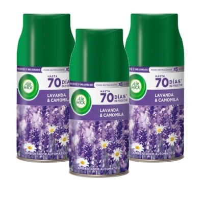 Imagen de Air Wick Freshmatic Pack de 3 Recambios Ambientador spray automático, esencia para casa con aroma Recambio Pradera Purpura Lavanda 3x 250 ml