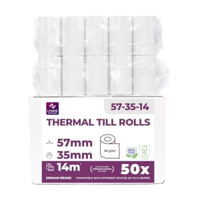 Imagen de Rollos papel térmico 57x35x12 mm para todos los TPV y las impresora térmica Rollo 57mm ideal máquinas de tarjetas Crédito (50 unidades)