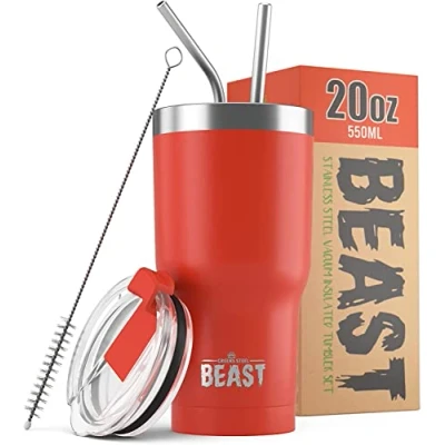Imagen de Greens Steel BEAST Termo Café para Llevar 550ml I Mariquita Roja Taza Térmica de Acero Inoxidable Reusable Viajera Doble Pared al Vacío 2 Pajitas y Cepillo Limpieza
