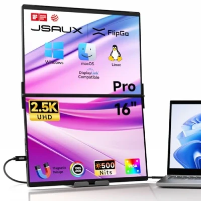 Imagen de JSAUX Monitor portátil FlipGo Pro 16&quot; 2.5K Doble Pantalla, Extensor Triple para Laptop, DisplayLink, HiDPI, un Cable a Pantalla IPS, hub Integrado, diseño magnético Windows, Linux, MacOS